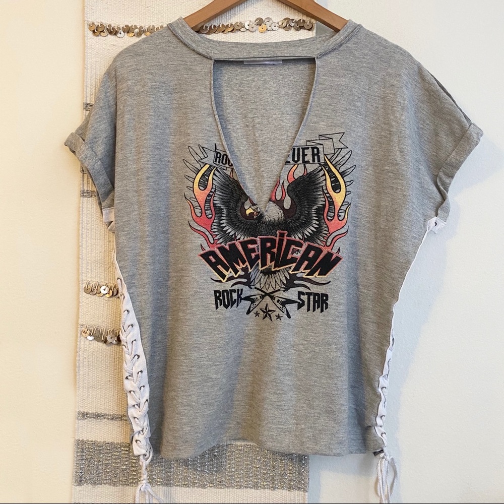 Gray Graphic Lace-Up Women Top